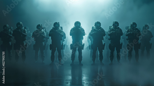 A Cinematic scene, a group of special operation soldiers posing in front of the camera. Special ops, army, marines photo