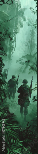 Soldiers patroling in jungle, fog,, pastel colors, green atmosphere. Vertical banner photo