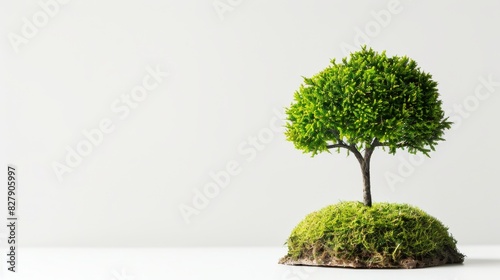 A minimalistic image featuring a single tree on a lush green hill against a pure white background