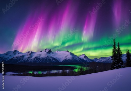 Celestial Ballet: A Symphony of Green and Purple Auroras