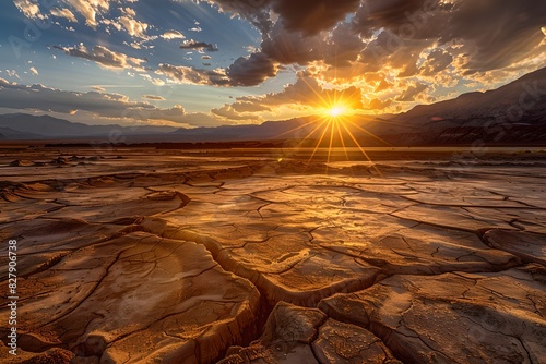 Sunset over cracked dry land in desert. Natural disaster and drought concept. Global warming and climat change. Design for banner, poster.  photo