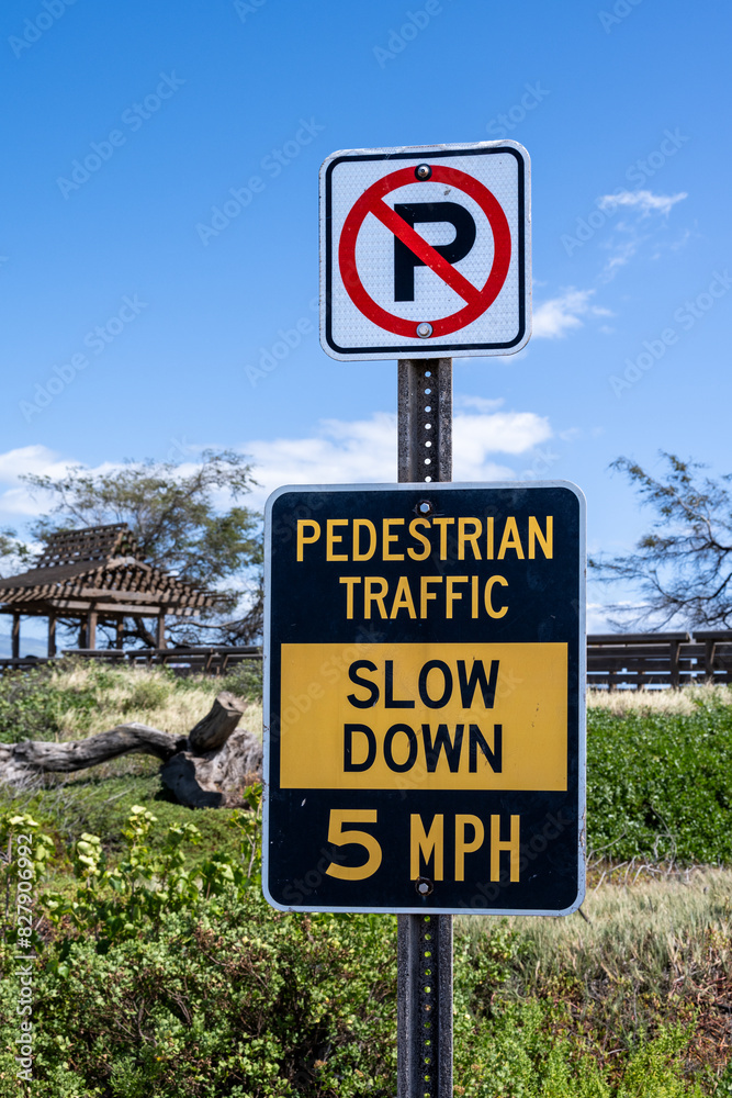 Parking lot traffic sign, no parking symbol, slow down to 5 MPH, watch out for pedestrian traffic, Kealia Coastal Boardwalk, Maui, Hawaii
