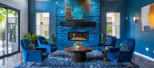 Cozy living room with blue accent walls, blue armchairs, and a fireplace surrounded by blue bricks, providing a comfortable and intimate setting