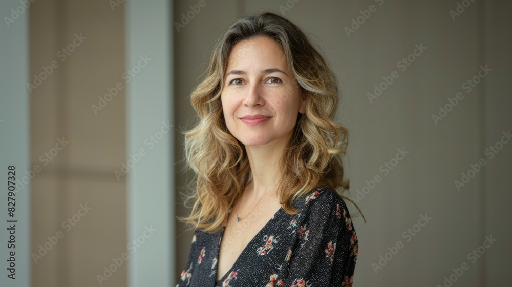 A woman with long brown hair and a black floral dress is smiling A woman with long brown hair and a black floral dress is smiling