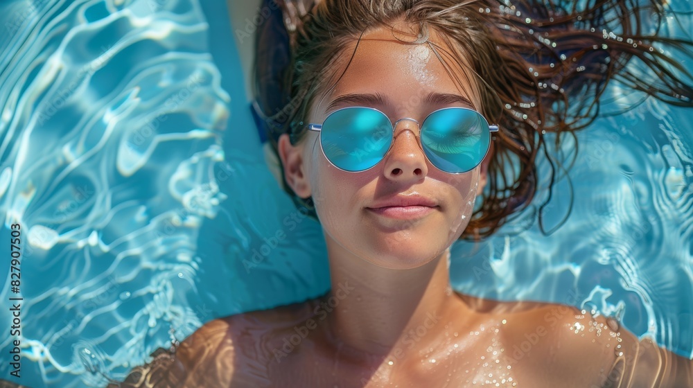 Naklejka premium A woman is laying in a pool wearing sunglasses and smiling
