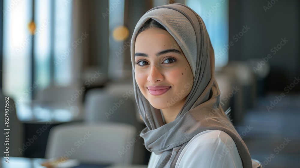 A woman wearing a grey scarf is smiling at the camera A woman wearing a grey scarf is smiling at the camera