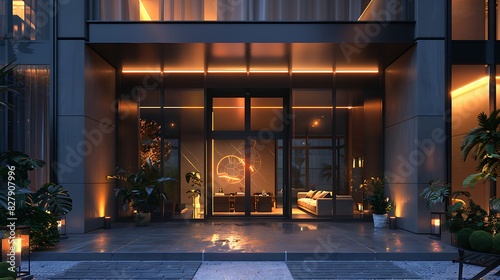Commercial exterior designed with smart home technology for lighting and temperature control  realistic interior design