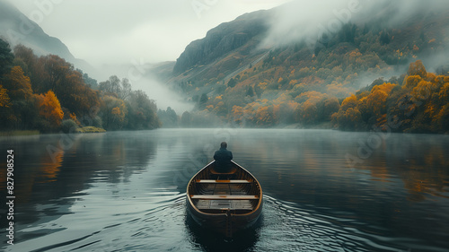 Boat glides serenely on misty lake, framed by lush green hills and soft clouds in Scottish landscape photo