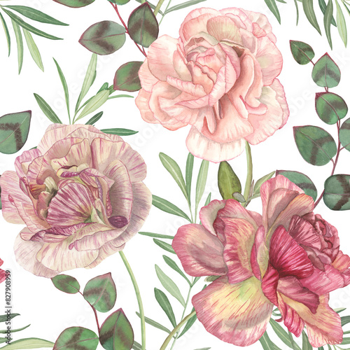 Buttercup flowers, olive branches seamless watercolor pattern isolated on white. Pink roses blossom. Green spring leaves. Romantic bouquet. Floral arrangement