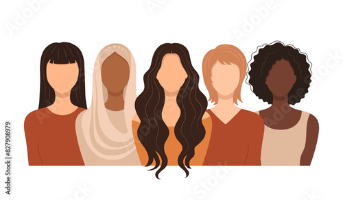 Set of abstract portraits of international women. Horizontal banner with faceless women of different nations and skin colors. Minimalist vector illustration in flat style isolated on white background.
