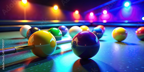 Colorful billiard balls and cue on a glossy table in a sport activity play leisure hobby setting photo