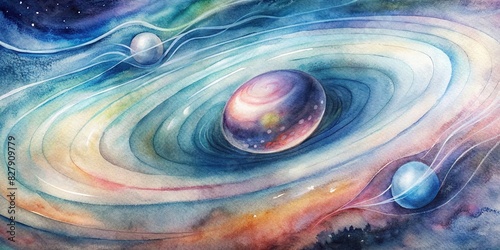 Abstract representation of spacetime curvature caused by solar system gravity force, gravity waves, and relativity, inspired by the LHC experiment, created using generative and watercolor techniques photo