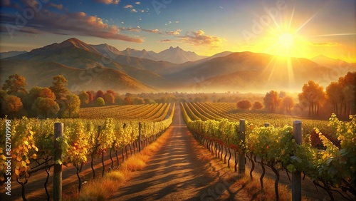 Sun-drenched Napa Valley vineyard during harvest, ripe grapes, mountains, clear sky