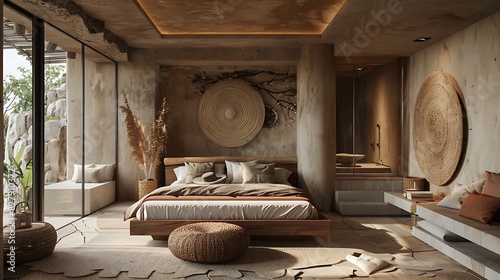Bedroom designed with sustainable and natural materials  realistic interior design