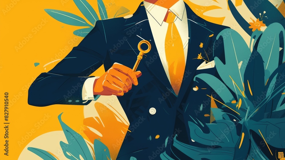 An illustration featuring a businessman holding a key in a cartoon ...