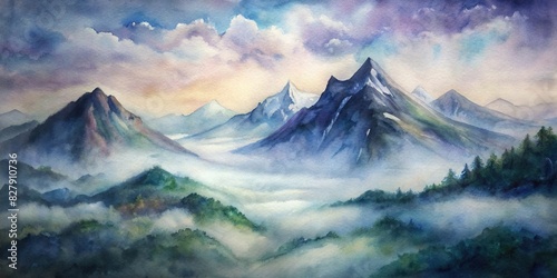 Majestic mountains shrouded in fog, painted with a watercolor effect