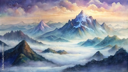 Majestic mountains shrouded in fog and rendered in watercolor