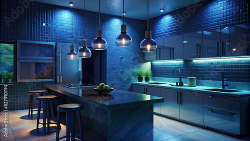 Contemporary kitchen with glass tile backsplash and pendant lights photo