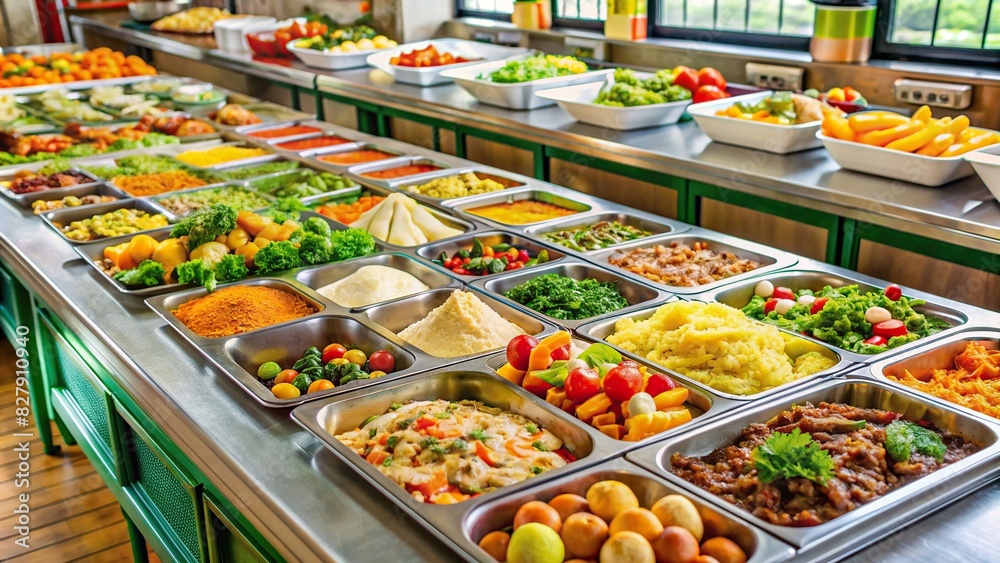 Buffet spread with a variety of delicious food items at an elementary school cafeteria
