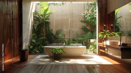 Bathroom with a seamless blend of indoor and outdoor elements  realistic interior design