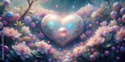 Pastel pearl heart nestled in a garden of -rendered soft floral blooms, glowing photo