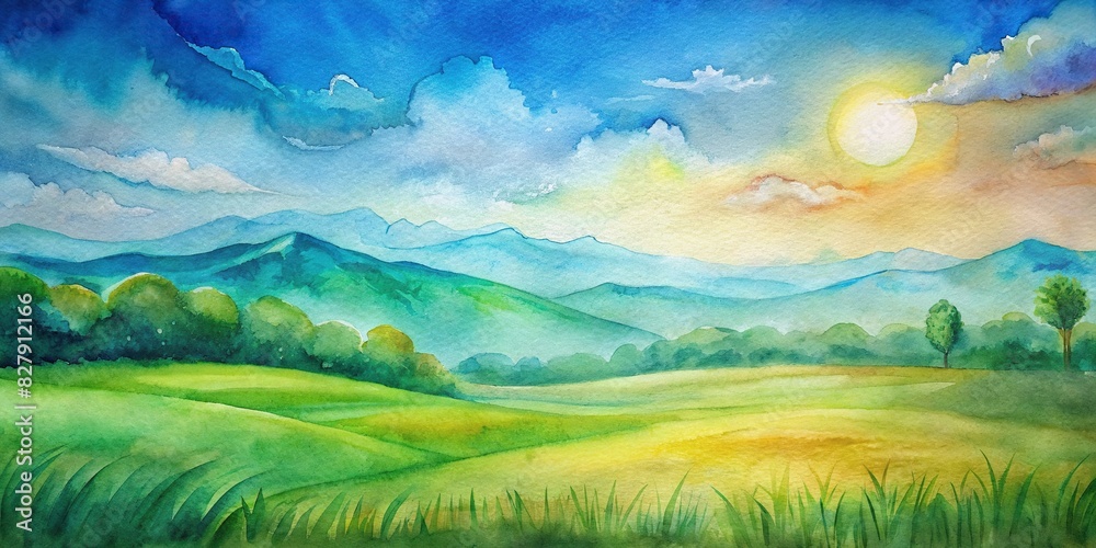 Beautiful panoramic natural landscape of a green field with grass against a blue sky with sun. Spring summer blurred background, watercolor