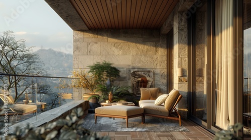 Balcony with a mix of materials like wood  metal  and stone  realistic interior design