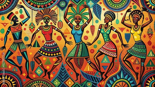 African tribal pattern in vibrant colors with abstract dancing figures photo