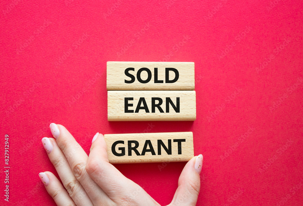 Sold Earn Grant symbol. Concept words Sold Earn Grant on wooden blocks. Businessman hand. Beautiful red background. Business and Sold Earn Grant concept. Copy space.
