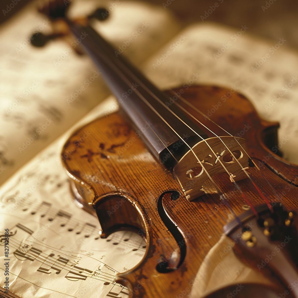 Fototapeta premium Close up view of violin and sheet music. Instrumental music concept