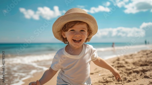 Wallpaper Mural Close up shot of a little boy smiling with a hat on his head playing in the sand on the beach Torontodigital.ca