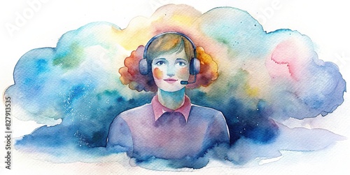 Watercolor of a cloud communications contact center, featuring a colorful and abstract representation of technology and customer service photo