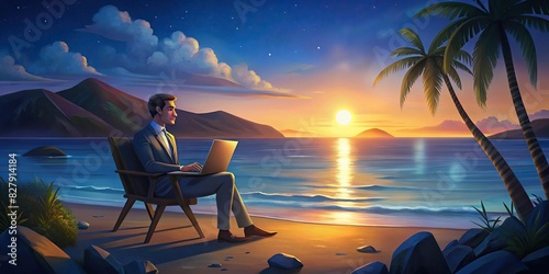 Businessman working on laptop at sea during summer vacation photo