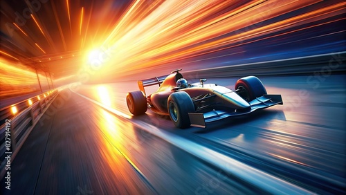 F1 race car speeding on track at day light with motion blur photo
