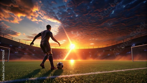 Football player preparing to kick the ball on a modern football pitch at sunset photo