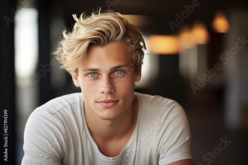 Young handsome blonde man at outdoors
