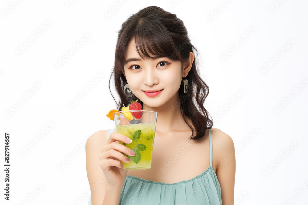 Teen pretty Japanese girl over isolated white background holding a cocktail Teen pretty Japanese girl over isolated white background holding a cocktail