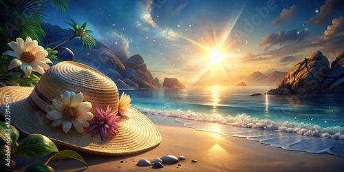 Beautiful beach scene with sunlight shining on a straw hat, sunglasses, and white floral dress photo