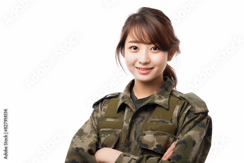 Teen pretty Japanese girl over isolated white background in military uniform