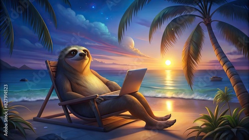 Sloth relaxing on the beach with a laptop photo