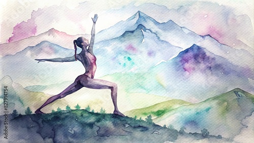 Silhouette of a fitness girl practicing yoga on a mountain  watercolor style