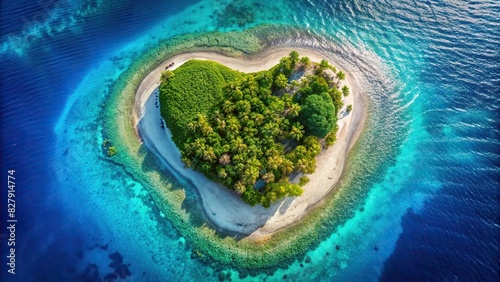 Aerial view of a heart-shaped island in a blue ocean, perfect for honeymoon and summer vacation concepts