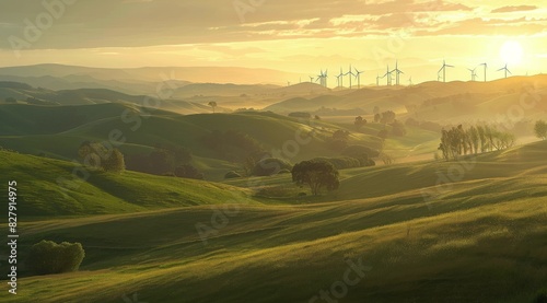 Hilly Landscape With Wind Turbines
