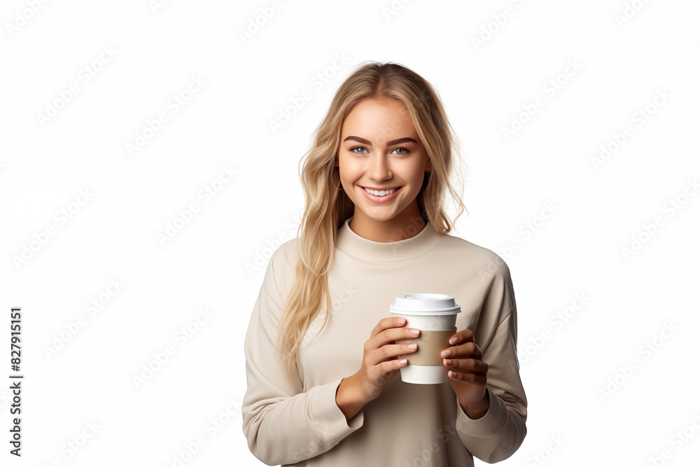 Young pretty blonde girl over isolated white background holding a take away coffee Young pretty blonde girl over isolated white background holding a take away coffee