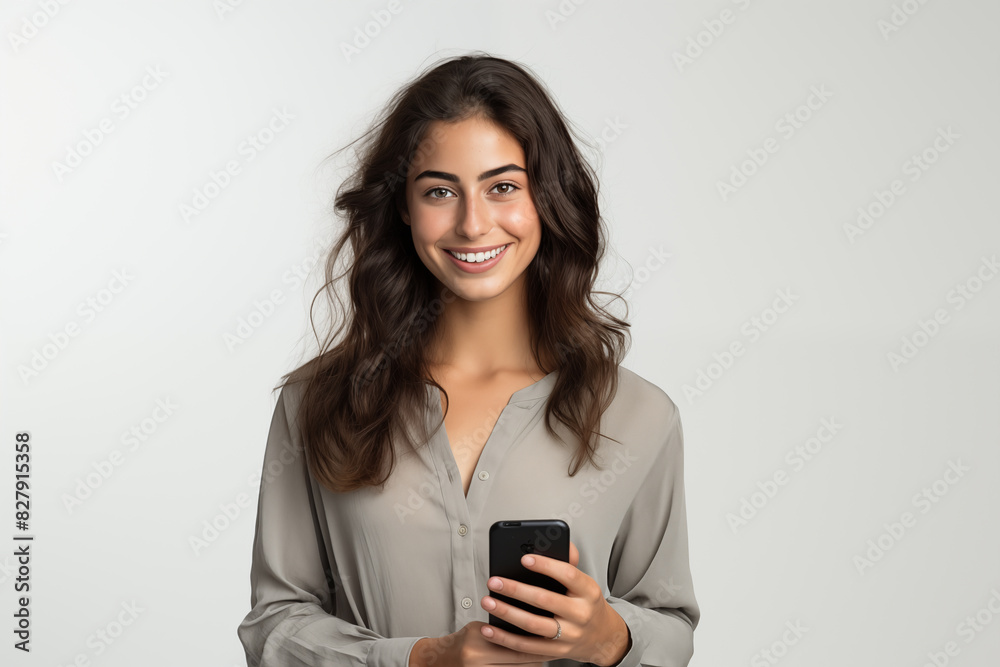 Young pretty brunette girl over isolated white background using mobile phone Young pretty brunette girl over isolated white background using mobile phone