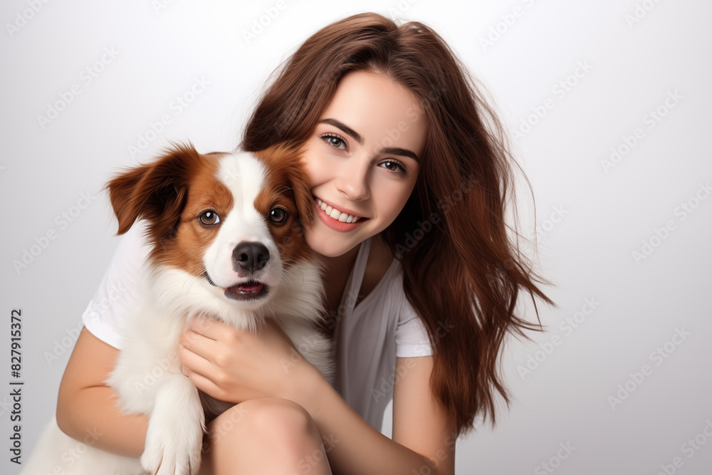Young pretty brunette girl over isolated white background with a dog Young pretty brunette girl over isolated white background with a dog