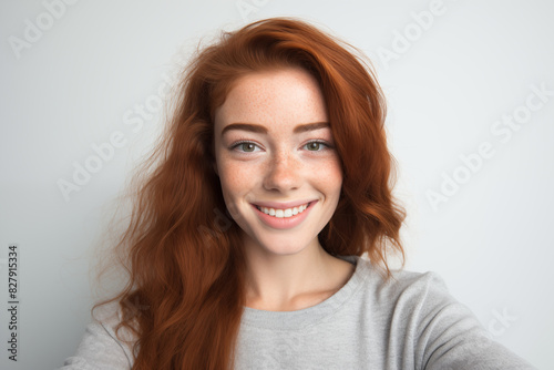 Young pretty brunette girl over isolated white background making a selfie