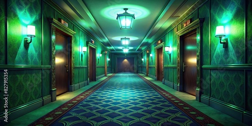 Glowing green carpet in a hotel hallway