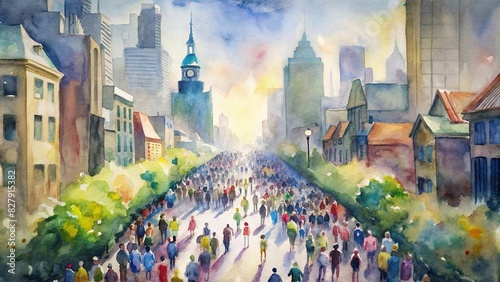 Watercolor painting of the Boston Marathon route with crowds of spectators lining the streets photo