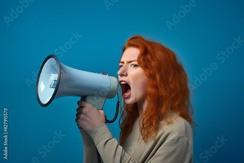 Young pretty Redhead girl over colorful backgroundholding a megaphone